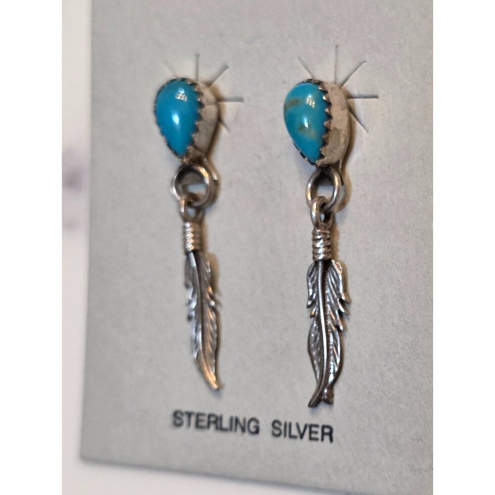 Sterling Silver‎ & Turquoise Feather Dangle Earrings 1.5"